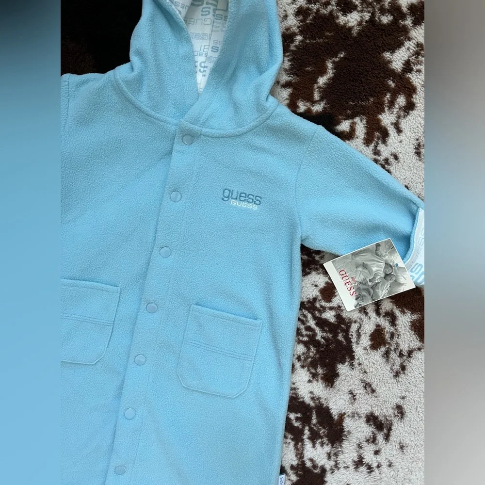 NWT Baby Guess Fuzzy Hooded Onesie Sleeper in Blue | Sz: 3-6MO